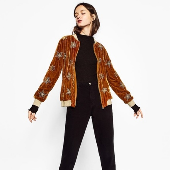 Zara Jackets & Blazers - Zara Velvet Bomber Jacket with Embroidered Stars